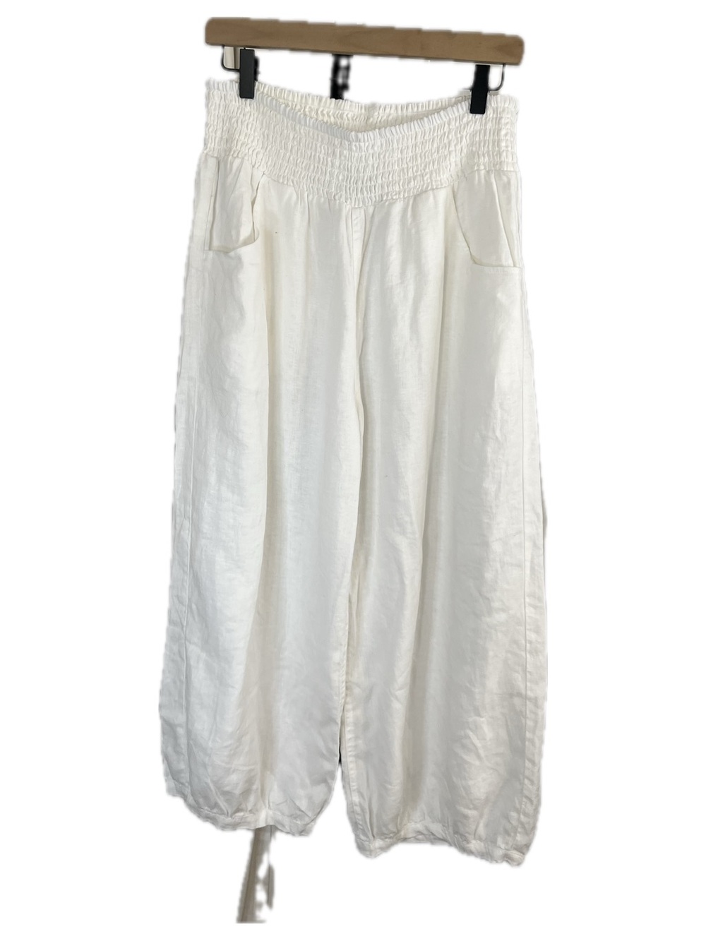 Nomad Sadhu French Linen White Smocked-Waist Wide Leg Crop Pants